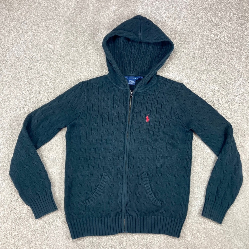Ralph Lauren Sport Cable Knit Zip Hoodie Kids Large Black Front Zip Classic Prep